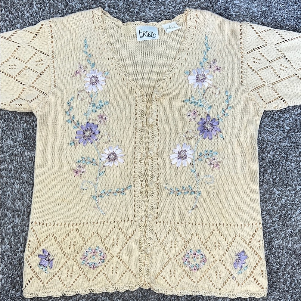 Erika Cream Knit Cardigan with Lavender and White Floral Embroidery